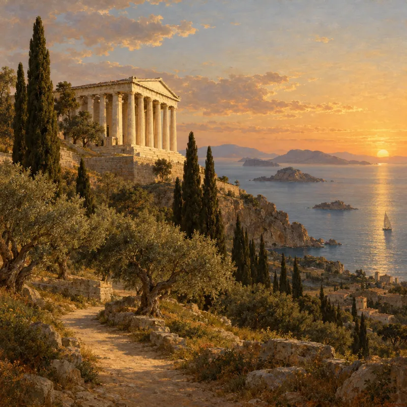 A Greek temple above the sea at sunset, made with GPT Image 2.5 through Tastepix
