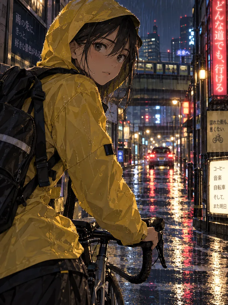 Anime-style illustration of a girl in a yellow raincoat with a bicycle on a rainy, neon-lit Tokyo street at night