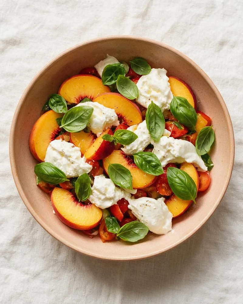 Overhead photo of a peach, tomato and burrata salad with basil in a ceramic bowl on white linen