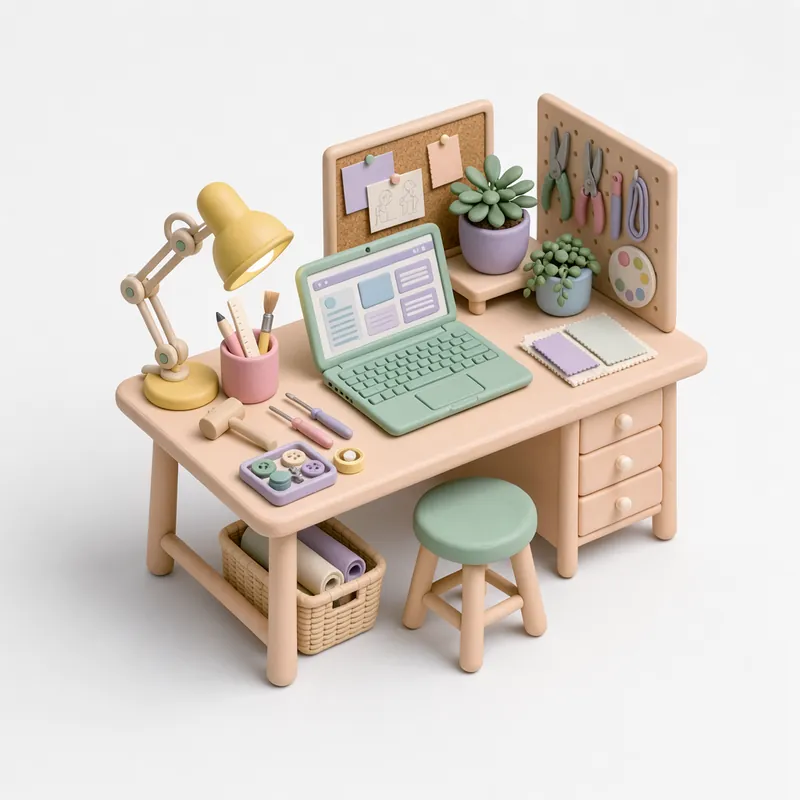 Isometric clay-style illustration of a pastel desk with a laptop, lamp and plants, made with FLUX.3