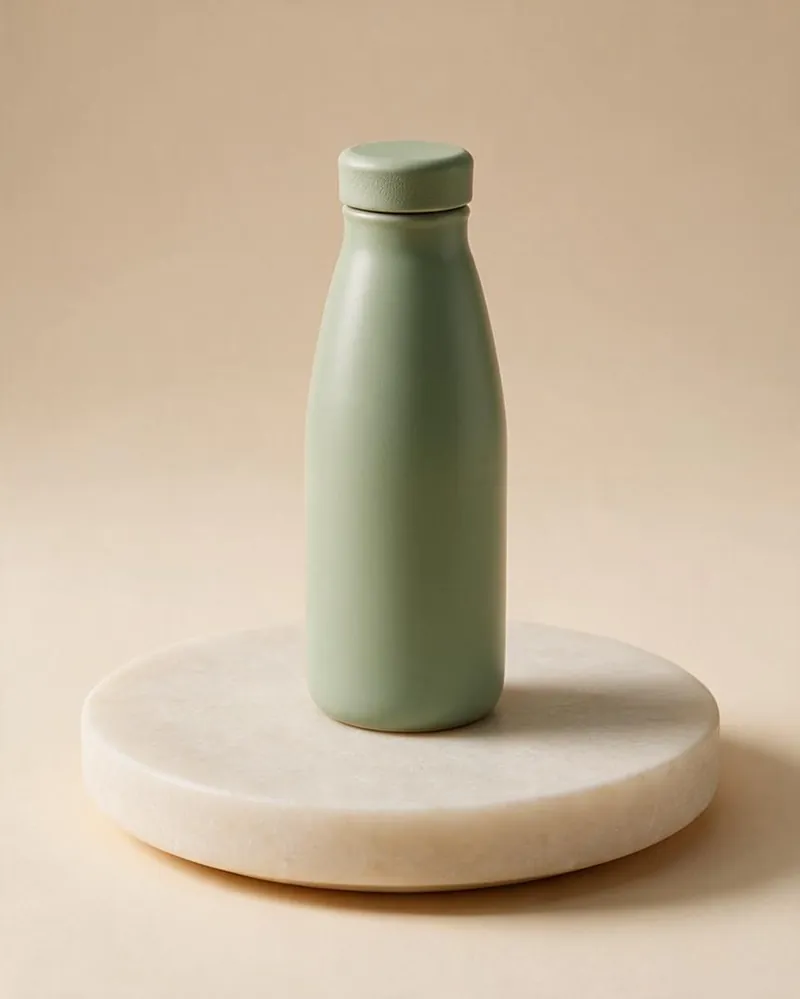 A sage-green bottle on a marble plinth, made with Seedream 5.0 Pro through Tastepix
